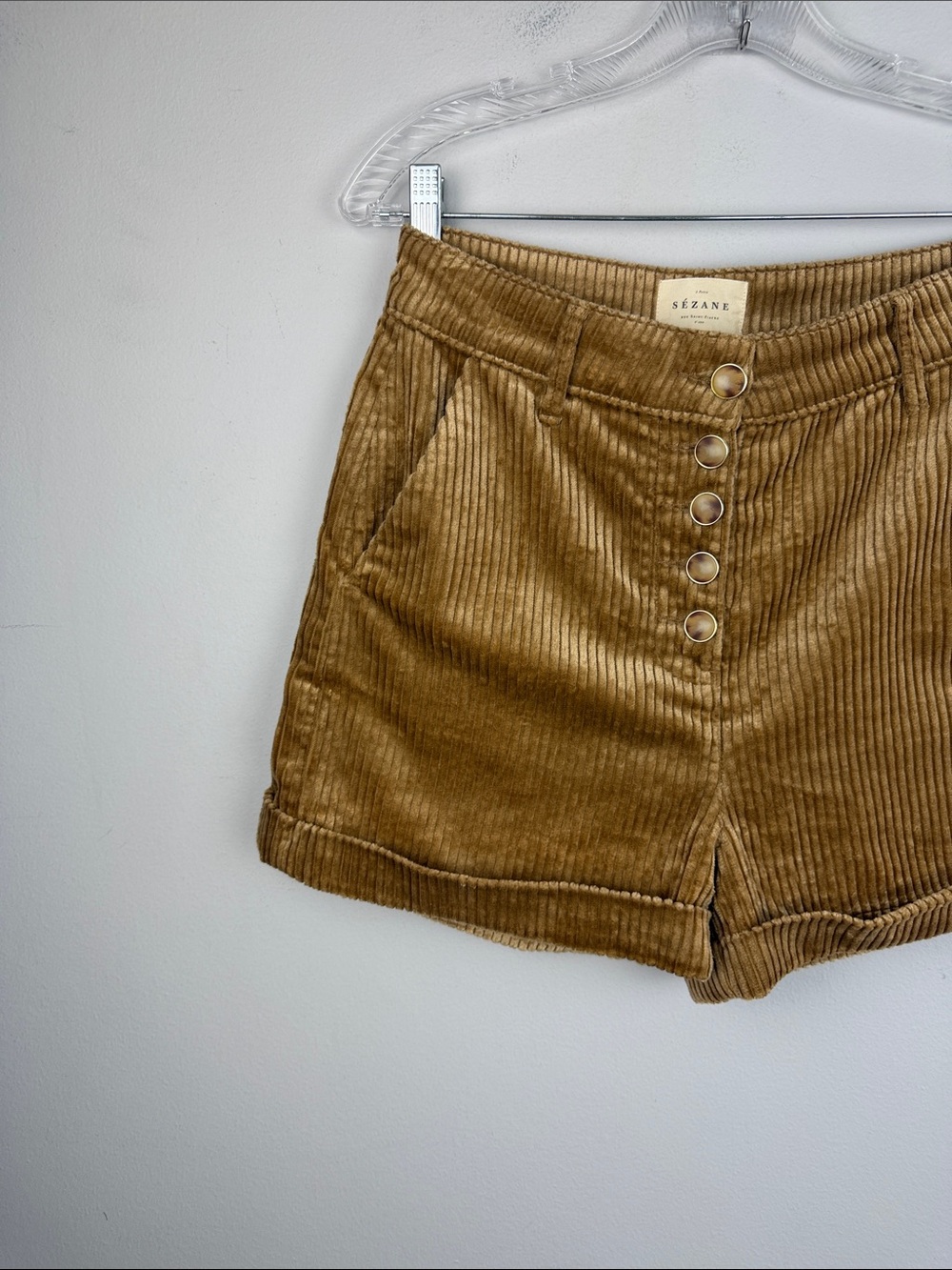 Sezane Maddie Shorts Dark Beige High Waist Pockets Cuffed Corduroy Size 4 Fall - Picture 3 of 16